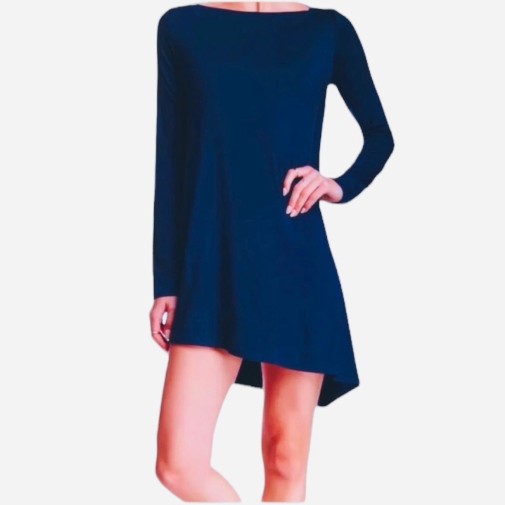 Go Couture High Low Dress Navy Blue Boatneck tunic model size medium
